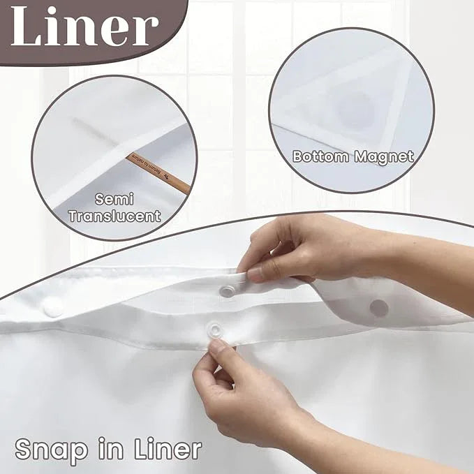 SORTTO No Hook Slub Textured Shower Curtain with Snap in Liner - White Fabric Outer Curtain & Waterproof Inner Liner, Hotel Style with See Through Top Window, 71x77 in - ModernBath