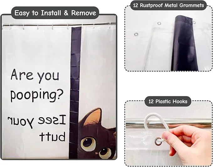 Clear Cute Funny Black Cat Shower Curtain Liner, Are You Pooping Shower Curtain, Fun Anime Cat Shower Curtains for Bathroom, 72x72 Plastic Cool Summer Shower Curtain Set with Weighted Magnets 12 Hooks - ModernBath