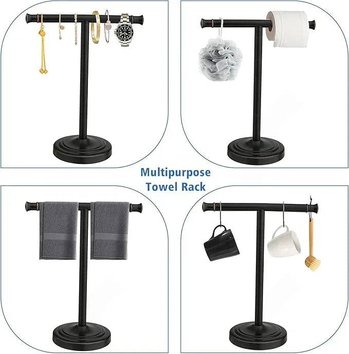 RUMOSE 13 Inch Oil Rubbed Bronze Towel Stand Hand Towel Holder Bathroom Kitchen Vanity Countertop T-Shape Towel Rack Free Standing Stainless Steel Towel Bar Towel Ring - ModernBath