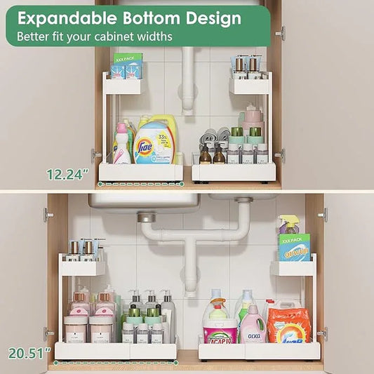 REALINN Expandable Under Sink Organizers and Storage, 2 Tier Under Cabinet Organizer, Heights Adjustable Pull Out Rack for Kitchen Bathroom Laundry, White, 2 Pack - ModernBath
