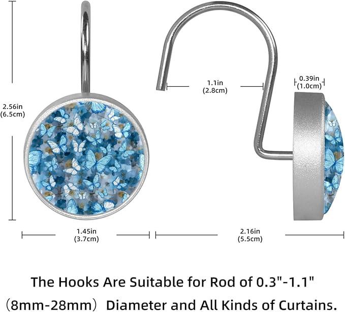 FVQL Shower Curtain Hooks Decorative, Set of 12, Stainless Steel Shower Curtain Rings, Floral Pattern Butterfly - ModernBath