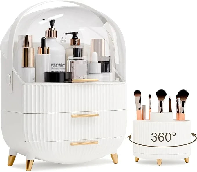 lurcns Makeup Organizers and Storage Make up Organizer for Vanity Cosmetics Skincare With Lid and Drawers Display Cases for Countertop Bathroom Women Teenager Girl Gifts(White+Brush Holder) - ModernBath