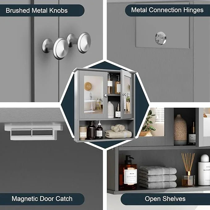 SUNLEI Bathroom Cabinet with Mirror, Wall Cabinet with 2 Mirrored Doors & Open Compartment Bathroom Cabinet Wall Mounted with Mirror Door (Ivory Grey) - ModernBath