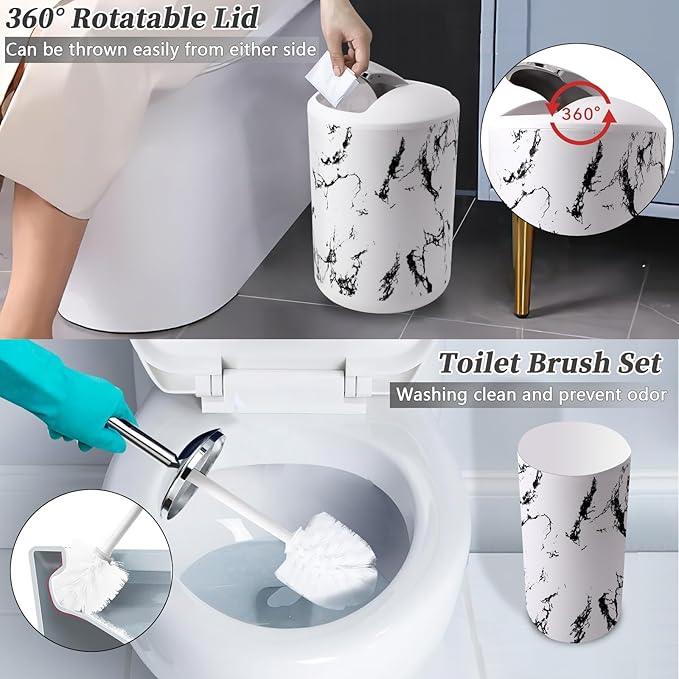 XLHOMO White Marble Bathroom Accessories Set, White Bathroom Set with Trash Can, Vanity Tray, Soap Dispenser, Soap Dish, Toothbrush Holder, Toothbrush Cup, Toilet Brush and Qtip Holders for Bathroom - ModernBath