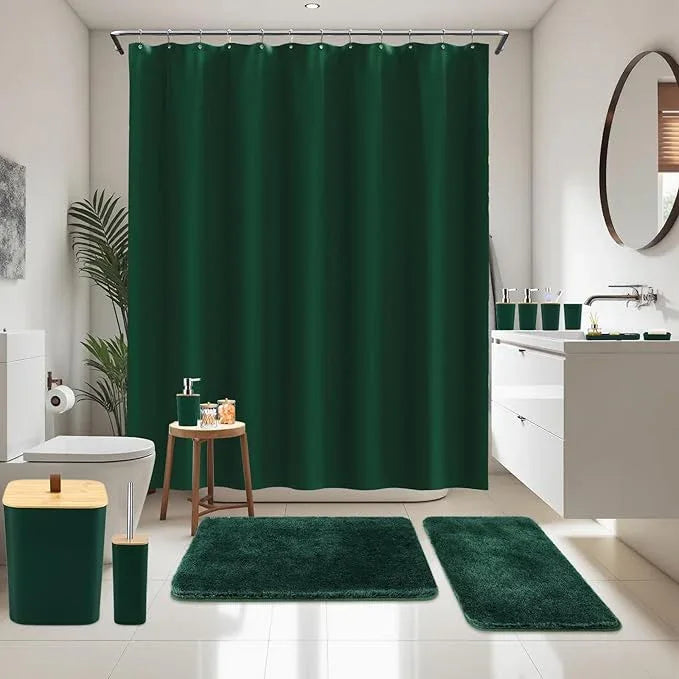 XLHOMO Bathroom Sets with Shower Curtain and Rugs, 27PCS Dark Green Bathroom Accessories Set with Trash Can, Green Shower Curtain Set, No Slip Super Absorbent Bathroom Rugs - ModernBath