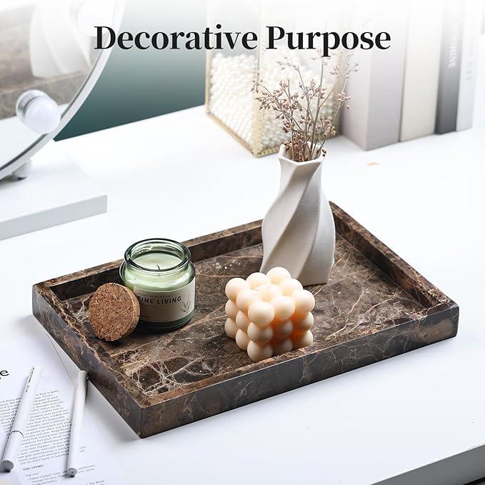 Real Natural Marble Tray for Bathroom, Genuine Marble Stone Vanity Tray, Luxury Storage Trays for Kitchen, Vanity, Home Decor, Dresser, Non-Resin/Non-Ceramic, 12"x 8"x 1.2", Dark Brown - ModernBath