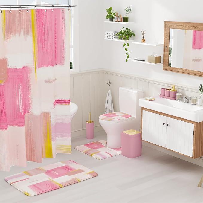 XLHOMO Bathroom Accessories Set - 25PC Bathroom Set with Shower Curtain and Rugs, Pink Bathroom Set, Bathroom Accessory Set with Press-on Lid Trash Can, Soap Dispenser and Qtip Holders - ModernBath