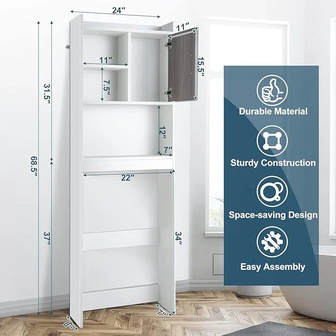 Giantex Over The Toilet Storage Cabinet, 4-Tier Freestanding Space Saver Above Toilet with Open Shelves & Door, Over Toilet Bathroom Organizer for Restroom, Laundry Room, White - ModernBath