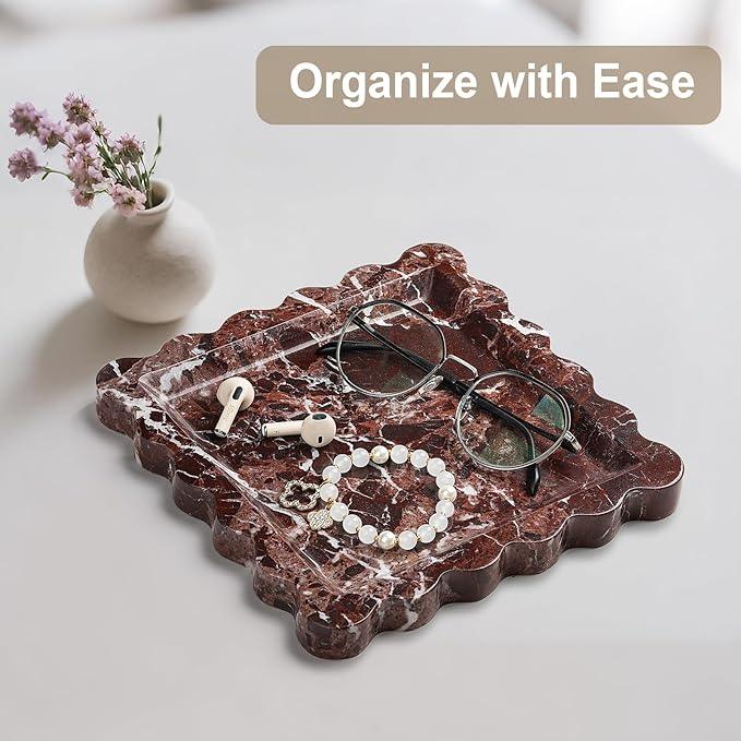 Natural Marble Vanity Tray - Moujings Genuine Marble Perfume Tray for Bathroom Decor, Stone Bathroom Vanity Organizer Tray for Kitchen Counter, Candles, Jewelry, Coffee, Makeup, Key - ModernBath