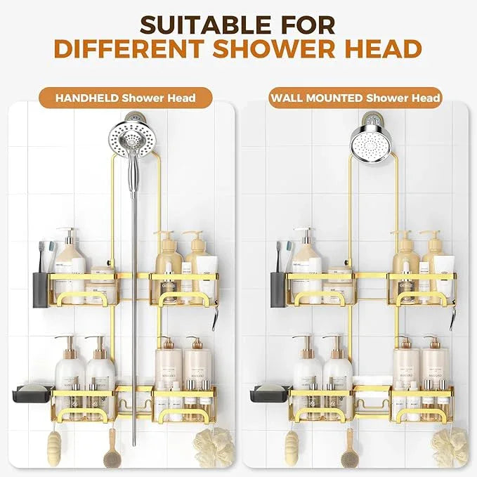 REINHARDT Shower Caddy Hanging for Handheld Showerheads Adjustable Split Shower Caddy, Rustproof Shower Organizer with Hooks for Razors Over the Head Caddy with Soap Holder Bathroom Accessories, Gold - ModernBath