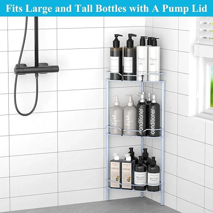 3 Tier Floor Standing Corner Shower Caddy Organizer Shelf with Hooks, Bathroom Shelves Stand Rack, Blue - ModernBath