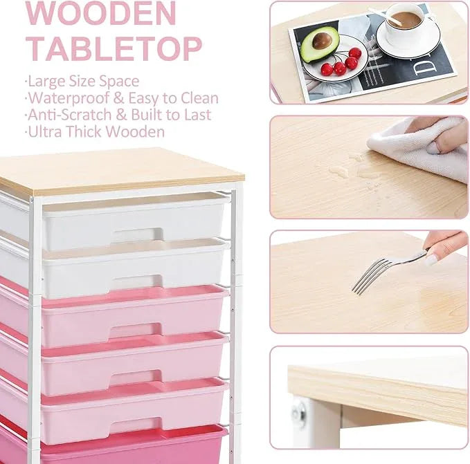 Rolling Cart with Drawers,Storage Cart with 8 Drawers and Wooden Tabletop,Utility Cart for Living Room,Classroom, Bedroom,Bathroom,Dorm,Office,Rose Pink - ModernBath