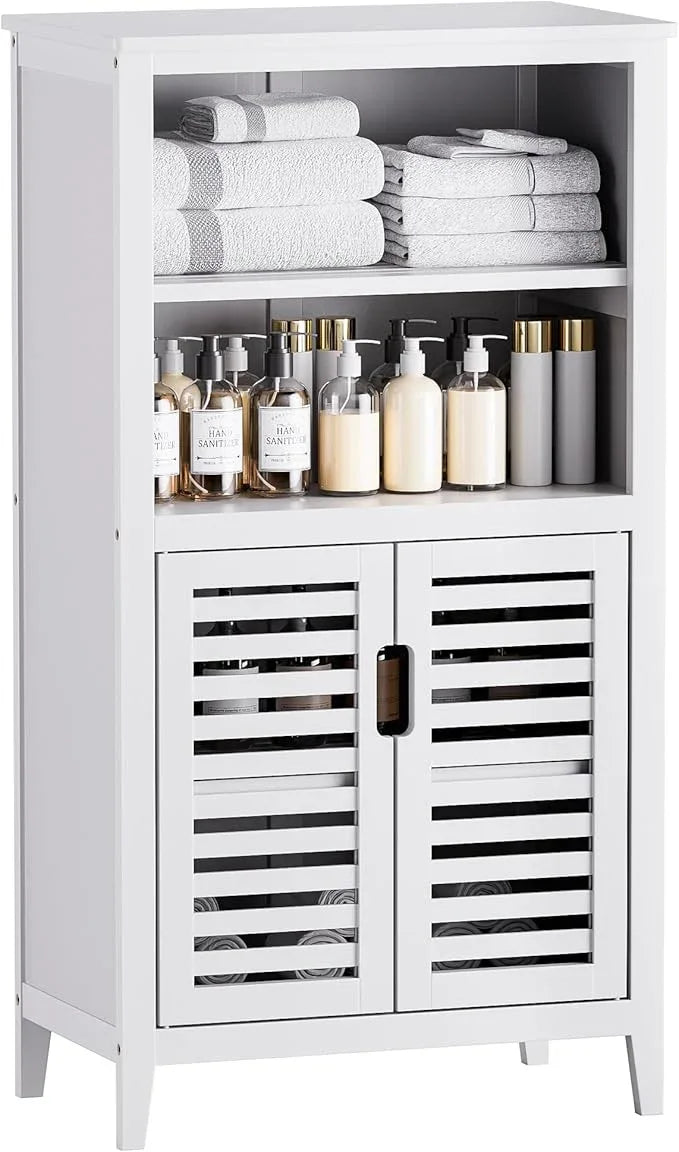 HITNET White Bathroom Cabinet, Bamboo Storage Cabinet Freestanding, Side Tall Storage Organizer for Kitchen Living Room Entryway - ModernBath