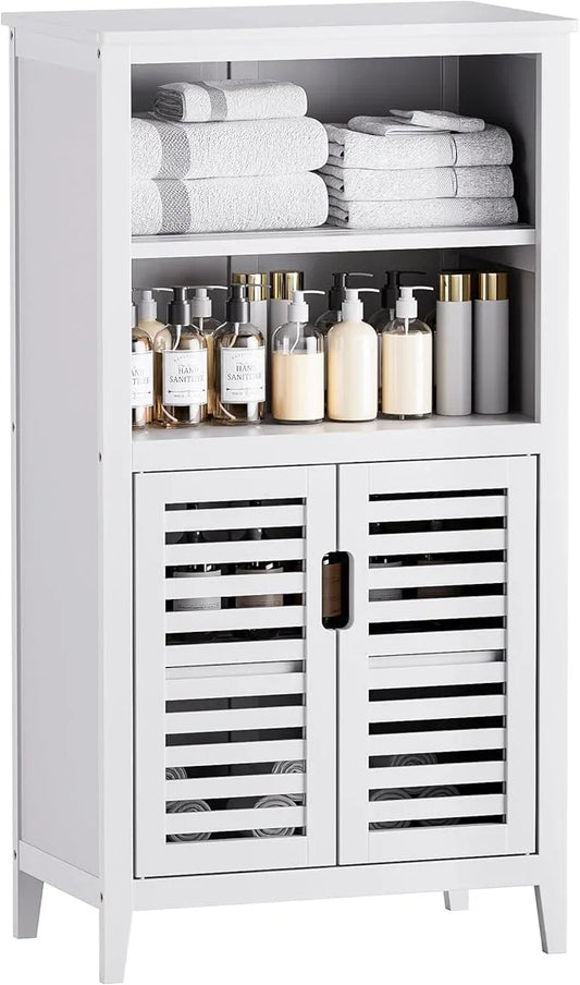 HITNET White Bathroom Cabinet, Bamboo Storage Cabinet Freestanding, Side Tall Storage Organizer for Kitchen Living Room Entryway - ModernBath