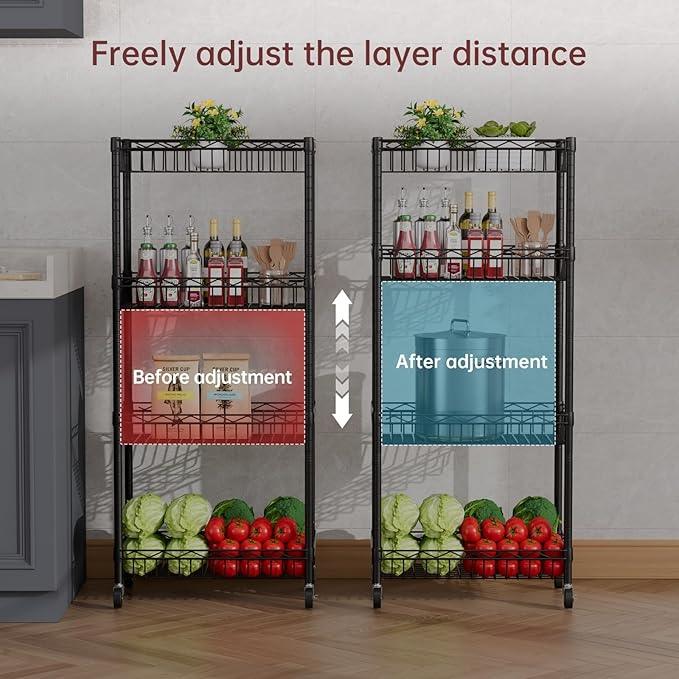 4 Tier Shelf Wire Shelving Unit Adjustable Storage Shelves Big Basket Rack Standing Units for Kitchen Closet Laundry Bathroom Organizers Metal Pantry Mesh 10" D x 16" W x 55" H Black - ModernBath