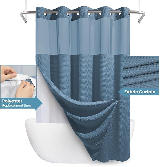 EUTXL Moonlight Blue Long No Hook Shower Curtain with Snap in Liner,230GSM Waffle Weave Shower Curtains for Bathroom,71W x 86H - ModernBath