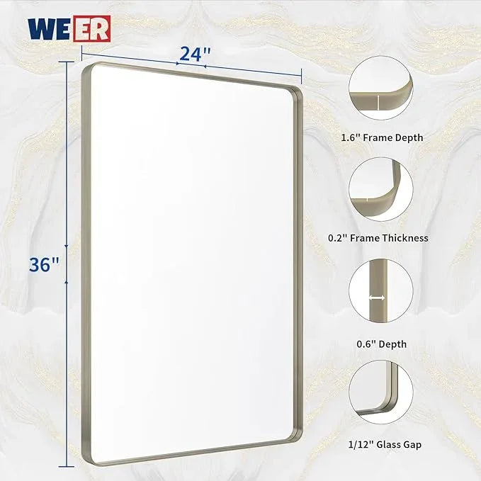 WEER 24X36 Inch Brushed Nickel Bathroom Mirror, Brushed Silver Metal Frame Mirror, Rounded Rectangle Silver Bathroom Vanity Mirror, Tempered Glass, Anti-Rust, Hangs Horizontally or Vertically - ModernBath