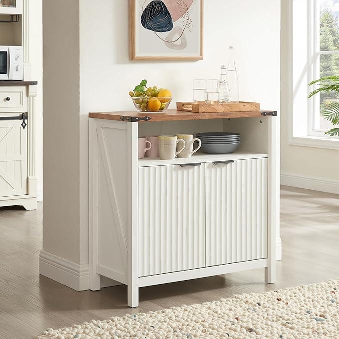 Buffet Cabinet with Storage - Modern Farmhouse Rustic 32 Fluted Sideboard Storage Cabinet Buffet with Adjustable Shelves, Coffee Wine Bar Organizer for Dining Room (Antique White) - ModernBath