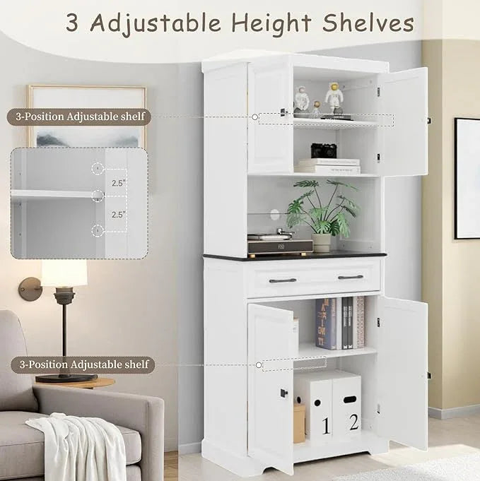 71" Kitchen Pantry Cabinet with Drawer, Kitchen Hutch Cabinet with 4 Doors, Wire Hole & Adjustable Shelves, Tall Bathroom Cabinets Freestanding Cupboard White Wood Storage Cabinets - ModernBath