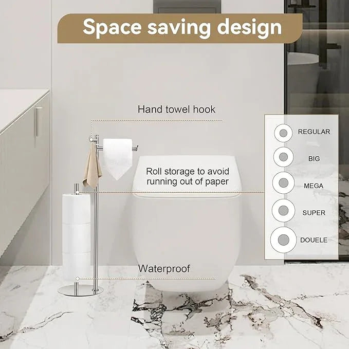 BGL Toilet Paper Holder Stand, SUS304 Stainless Steel Brushed Nickel, Weighted Base, Holds 5 Jumbo Rolls, Space-Saving Modern Bathroom Storage with Built-in Hook - ModernBath