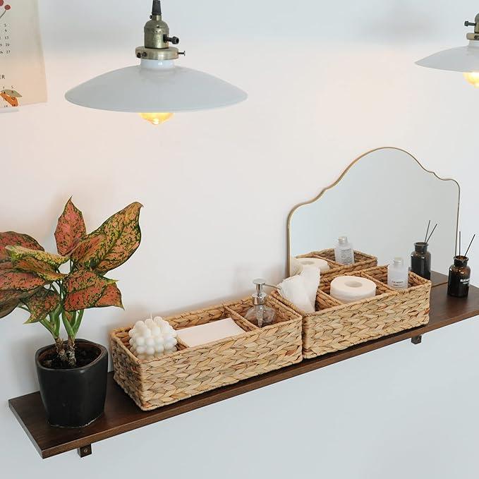 StorageWorks Wicker Basket Tank Topper, Wicker Storage Basket for Shelves, Toilet Paper Basket for Back of Toilet Tank Top, 3-Section Water Hyacinth Storage Baskets, 2-Pack - ModernBath