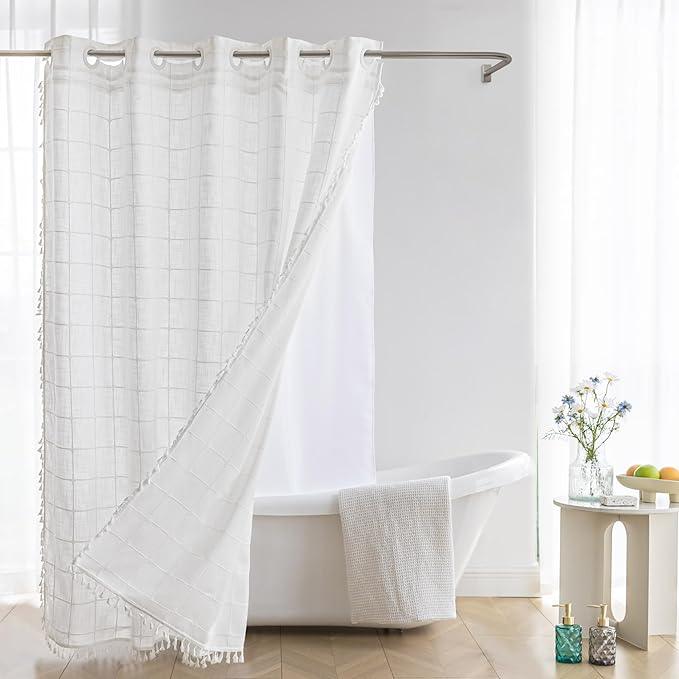 Farmhouse Shower Curtain with Snap-in Liner,No Hooks Needed,Boho Fabric Shower Curtains with Tassels for Rustic Neutral Bathroom Decor,with Magnets,Water Repellent&Machine Washable,White,71x74Inch - ModernBath
