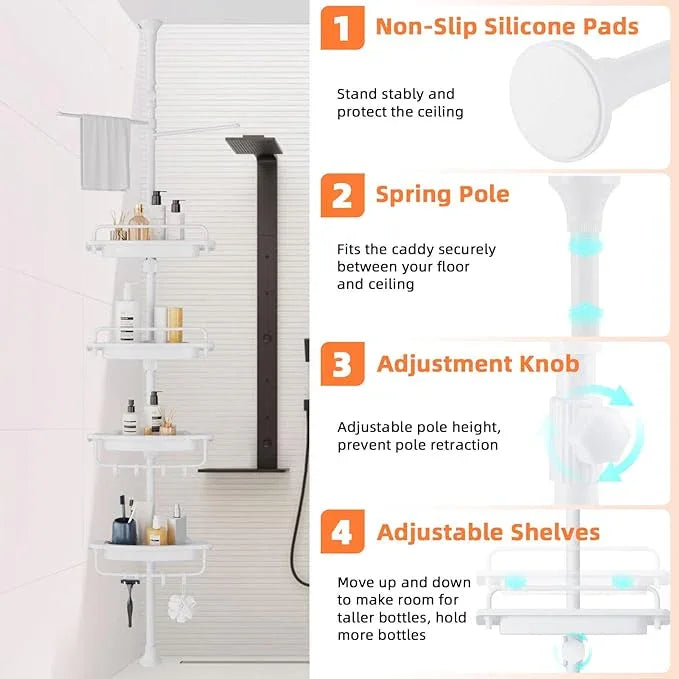 32-122inch Corner Shower Caddy Tension Pole All White, Rustproof Drill-Free Shower Shelves for Bathroom Bathtub Washbasin, Adjustable Shower Organizer with 4 Tier Patent Shelves & Towel Bars - ModernBath