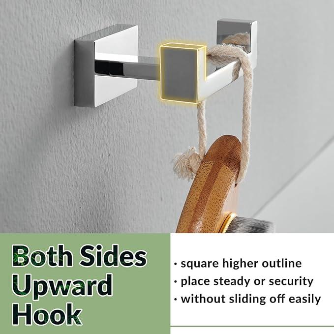 APLusee Square Double Towel Hook, 304 Stainless Steel Dual Coat Holder, Modern Bathroom Kitchen Storage Hanger Wall Mounted, Polished Chrome - ModernBath