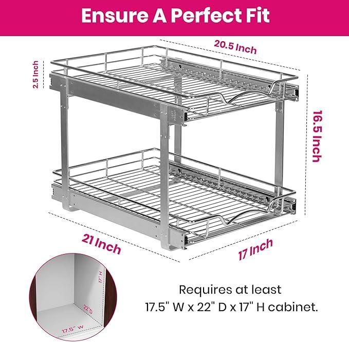 HOLDN’ STORAGE Two Tier Pull Out Cabinet Organizer, Individual Sliding Drawers - Heavy Duty Metal with Lifetime Limited Warranty - Anti Rust Chrome Finish - 17" W x 21”D x 16.5" H - ModernBath