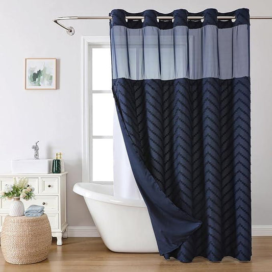 eachope Extra Long No Hook Tufted Chevron Striped Shower Curtain with Snap-in Fabric Liner set-71Wx86H(84H),Navy Blue Hotel Grade Boho Style Shower Curtain,Water Repellent - ModernBath