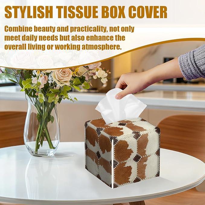 Brown Cowhide Tissue Box Cover 2PCS, Cow Skin Leather Tissue Box Holder Square Facial Paper Case Tissue Box Cube Organizer for Bathroom Bedroom Desk Office - ModernBath