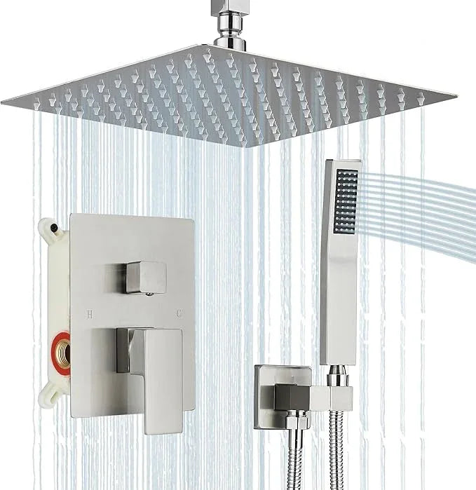 Shower Faucet Set Brushed Nickel Rain Shower System with High Pressure 12 Inches Rain Shower Head and Handheld Spray Bathroom Luxury Rain Mixer Shower Complete Combo Set Ceiling Mounted - ModernBath