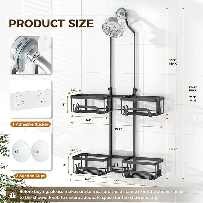 REINHARDT Shower Caddy Hanging for Handheld Showerheads Adjustable Split Shower Caddy, Rustproof Shower Organizer with Hooks for Razors Over the Head Caddy with Soap Holder Bathroom Accessories, Black - ModernBath