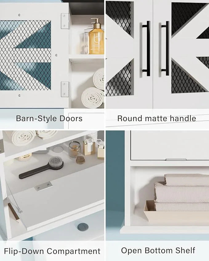 Wall Mounted Bathroom Cabinet with Double Doors, Flip-Down Storage and Open Shelf, Modern White Finish, Over-The-Toilet Space Saver Cabinet - ModernBath