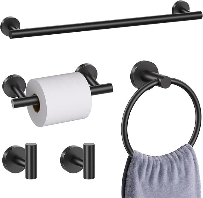 5 Pieces Matte Black Round Towel Bar Set Bathroom Hardware Accessories Set Upgraded Toilet Paper Holder Towel Racks Set for Bathroom Stainless Steel Wall Mounted 23.6 in - ModernBath