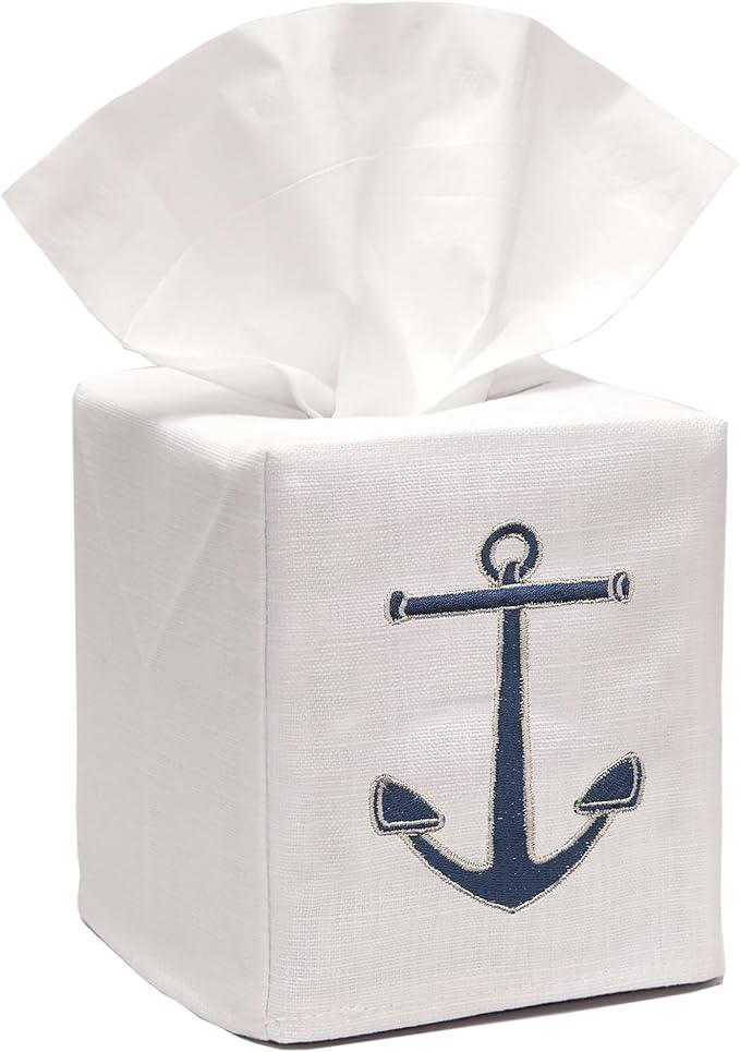 Jacaranda Living Square Tissue Box Cover, Linen/Cotton Fabric Tissue Holder, Decorative Cloth Tissue Cube Cover, Coastal Designs Standing Anchor (Navy) - ModernBath