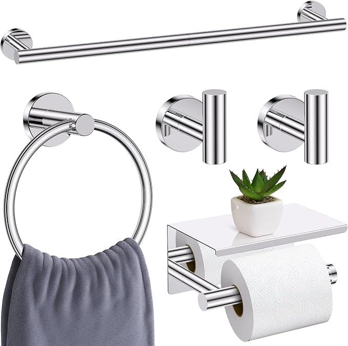 Polished Chrome Bathroom Hardware Set, 5 Pieces Chrome Towel Bar Bathroom Accessories, Upgraded Toilet Paper Holder with Shelf Set, 23.6 Inch Towel Rack Towel Holder for Bathroom Wall - ModernBath