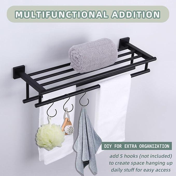Bathroom Towel Shelf with Bar, Angle Simple Stainless Steel Bath Towel Rack, Double Towel Holder with Shelf, Wall Mount Train Rack Matte Black 23.62 Inches - ModernBath