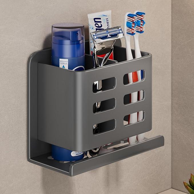 YESENT Grey Wall-Mounted Toothbrush Holder, Aluminum Material Shower Shaver Storage Rack, No Drilling Required, Removable Toothpaste Storage Rack - ModernBath