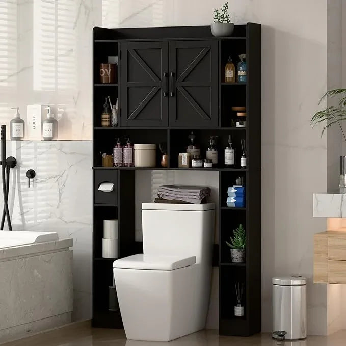Farmhouse Storage Cabinet Over Toilet with Barn Doors，Over The Toilet Storage Cabinet, Home Space-Saving Toilet Rack, for Bathroom, Restroom, Laundry.Pure Black - ModernBath