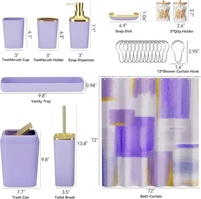 XLHOMO Purple Bathroom Accessories Set, Bathroom Sets with Shower Curtain, Purple Bathroom Accessories with Trash Can, Soap Dispenser, Soap Dish, Toilet Brush Holder, Qtip Holders for Bathroom - ModernBath