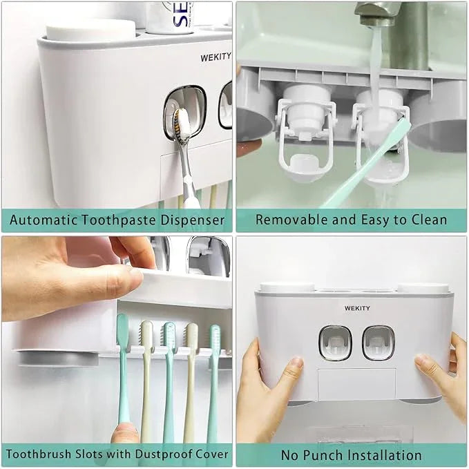 Toothbrush Holder WREWING Multi-Function Wall-Mounted Automatic Toothpaste Dispenser and Dust-Proof Toothbrush Holder with 5 Brush Slots 4 Cups 2 Automatic Toothpaste Dispensers 1 Storage Slot (Grey) - ModernBath