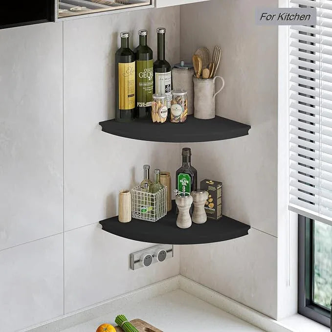 HAO Floating Corner Shelf Invisible Wall Mounted Shelves Radial Shape Cable Wire Hole Pattern Perfect for Bedroom Bathroom Living Room Kitchen Set of 2 Black - ModernBath