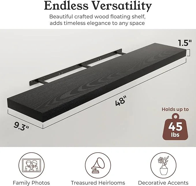 Floating Shelves for Wall, Wall Mounted Rustic Wood Shelves for Bathroom, Bedroom, Living Room, Kitchen, Hanging Shelf for Books/Storage/Room Decor (Black, 48") - ModernBath