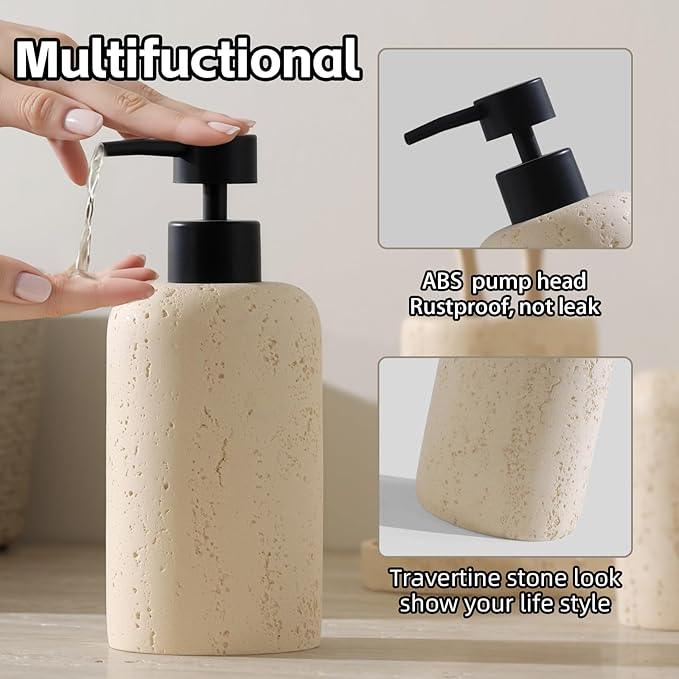 WUUAHOME Bathroom Accessories Set, Travertine Stone-Look, 5 PCS Bathroom Accessory Set with 13.53 OZ Soap Dispenser, Toothbrush Holder, Tumbler, Vanity Tray, Cotton Swab Jars for Countertop (Yellow) - ModernBath