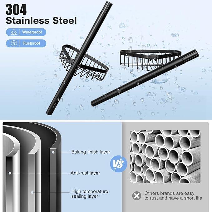Corner Shower Caddy Tension Pole: Adjustable Rustproof 4-Tier Inside Bathroom Organizer - 47-121 inch Quick Installation Bathtub Shelves for Shampoo Storage - Rod Floor Standing Bath Rack - Black - ModernBath