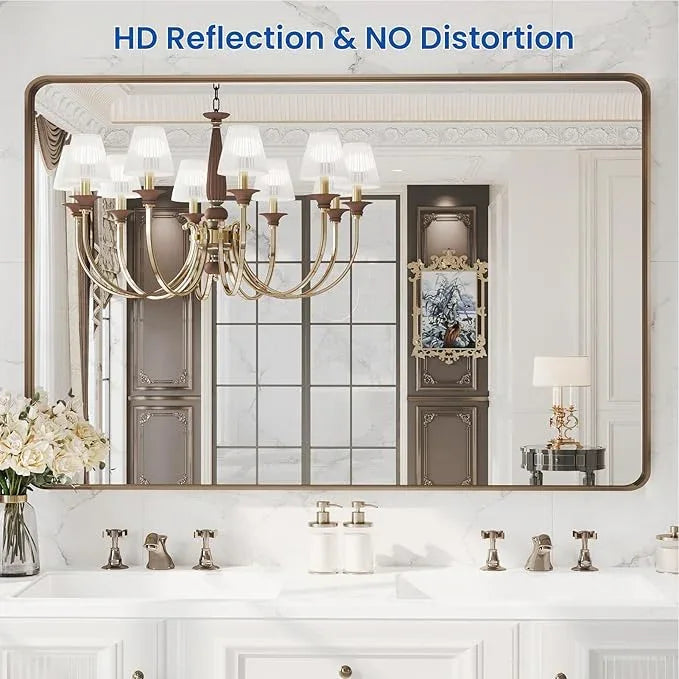 WEER Bronze Framed Modern Wall-Mounted Bathroom Mirror, 55"L x 36"W, Brushed Bronze Aluminum Frame, Shatterproof Tempered Glass, Rounded Rectangle, Horizontal/Vertical Mounting - ModernBath
