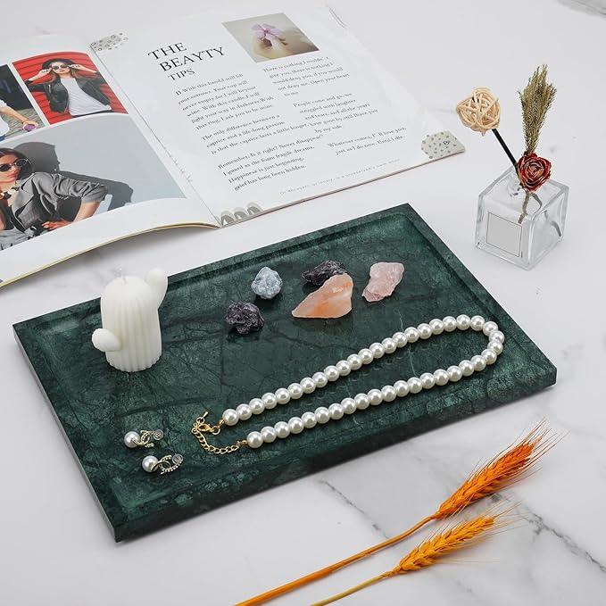 Real Luxurious Natural Marble Tray - 12x8 Inch Marble Vanity Tray for Perfume Display, Jewelry Organizer, Bathroom & Home Decor -Heavy Duty Non-Slip Stone Tray (Non-Resin/Non-Ceramic)（Green） - ModernBath