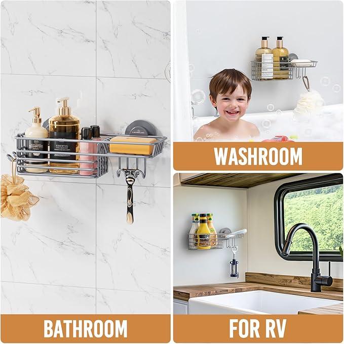 LEVERLOC Shower Caddy Suction Cup, Heavy Duty Bathroom Organizer for Inside Shower with Hooks & Soap holder， NO-Drilling Bathroom Holder-Grey - ModernBath