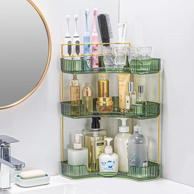 shuang qing Upgraded 3-Tier Corner Bathroom Countertop Organizer – Spacious Storage for Makeup, Skincare & Perfumes, Built-in Brush Holder Fits Vanity/Dresser/Bsthtub (Sage Green) - ModernBath